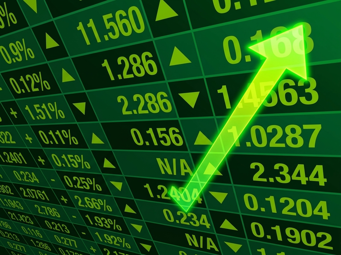 a wall of green stock tickers with a glowing arrow