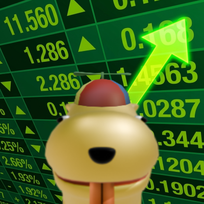 wob in front of a green stock ticker with a glowing up arrow
